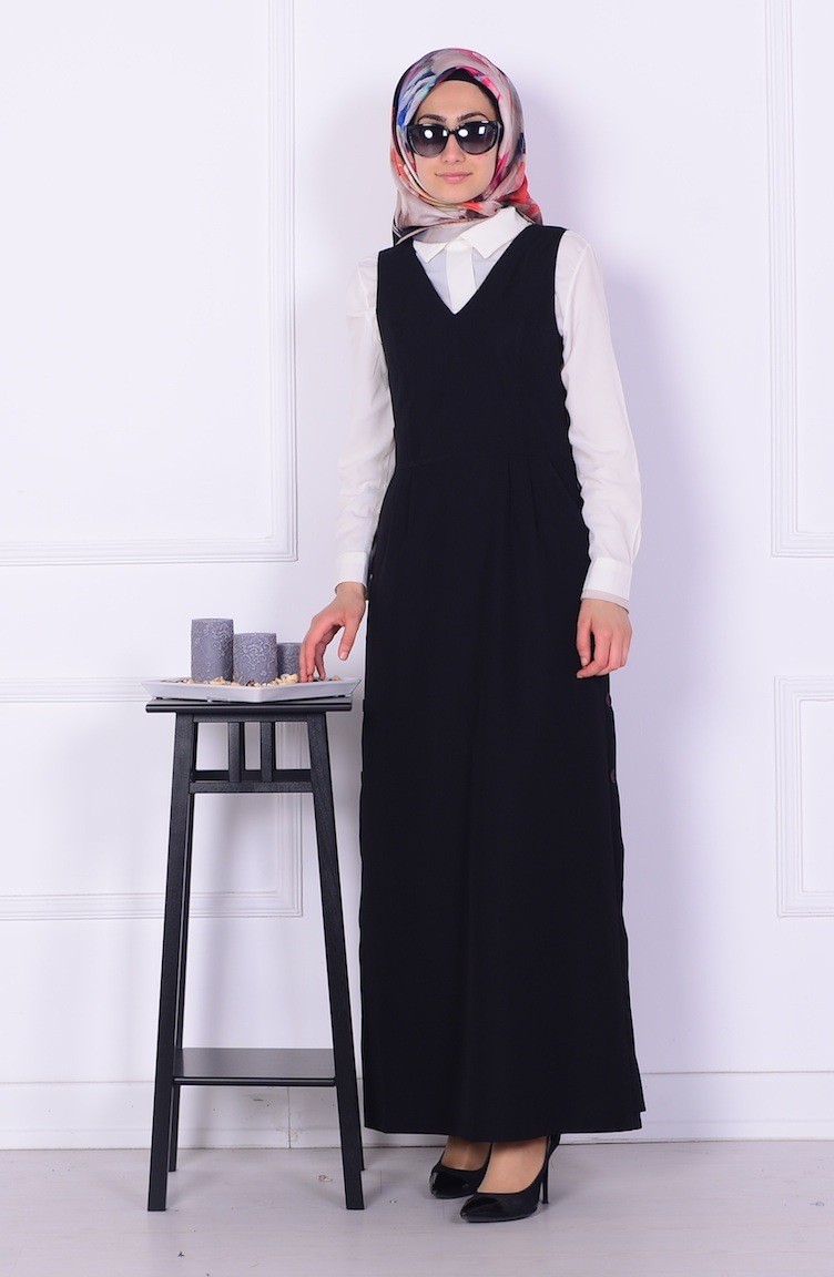 Düğme Detaylı Jile Elbise 2516-01 Siyah | Sefamerve
