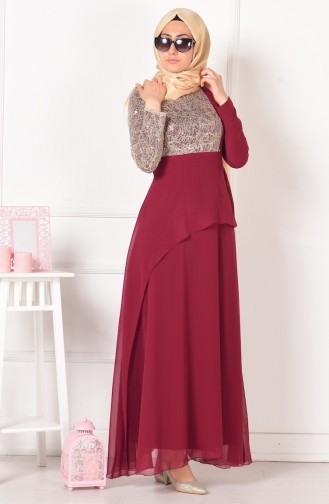 Claret Red Hijab Evening Dress 2462-07
