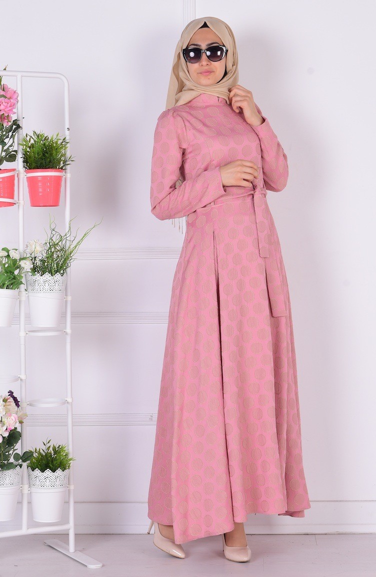 فستان يومي للمحجبات باللون الوردي 5109-01 | Sefamerve