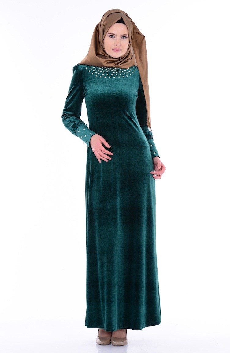 Kol Detaylı Kadife Elbise 2703-03 Yeşil | Sefamerve