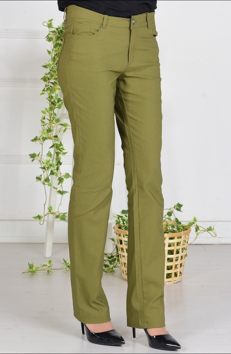 Likralı Boru Paça Pantolon 2310-08 Açık Haki Yeşil | Sefamerve