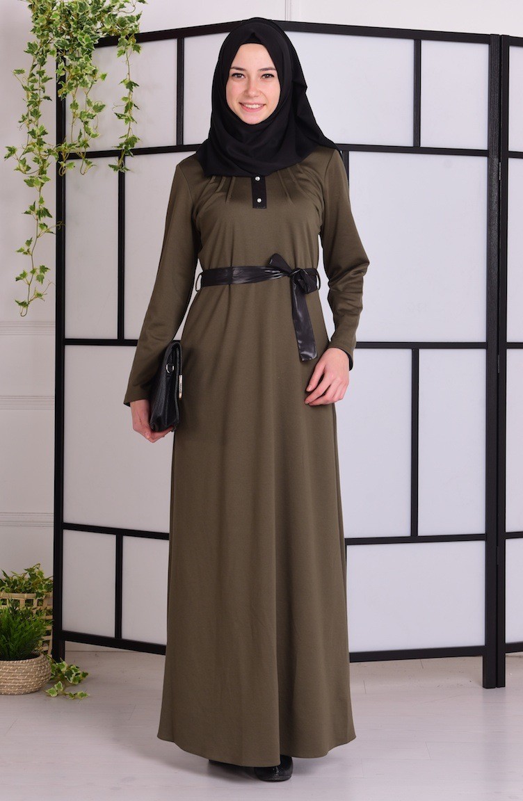 Deri Detaylı Çelik Elbise 4991-01 Haki Yeşil | Sefamerve