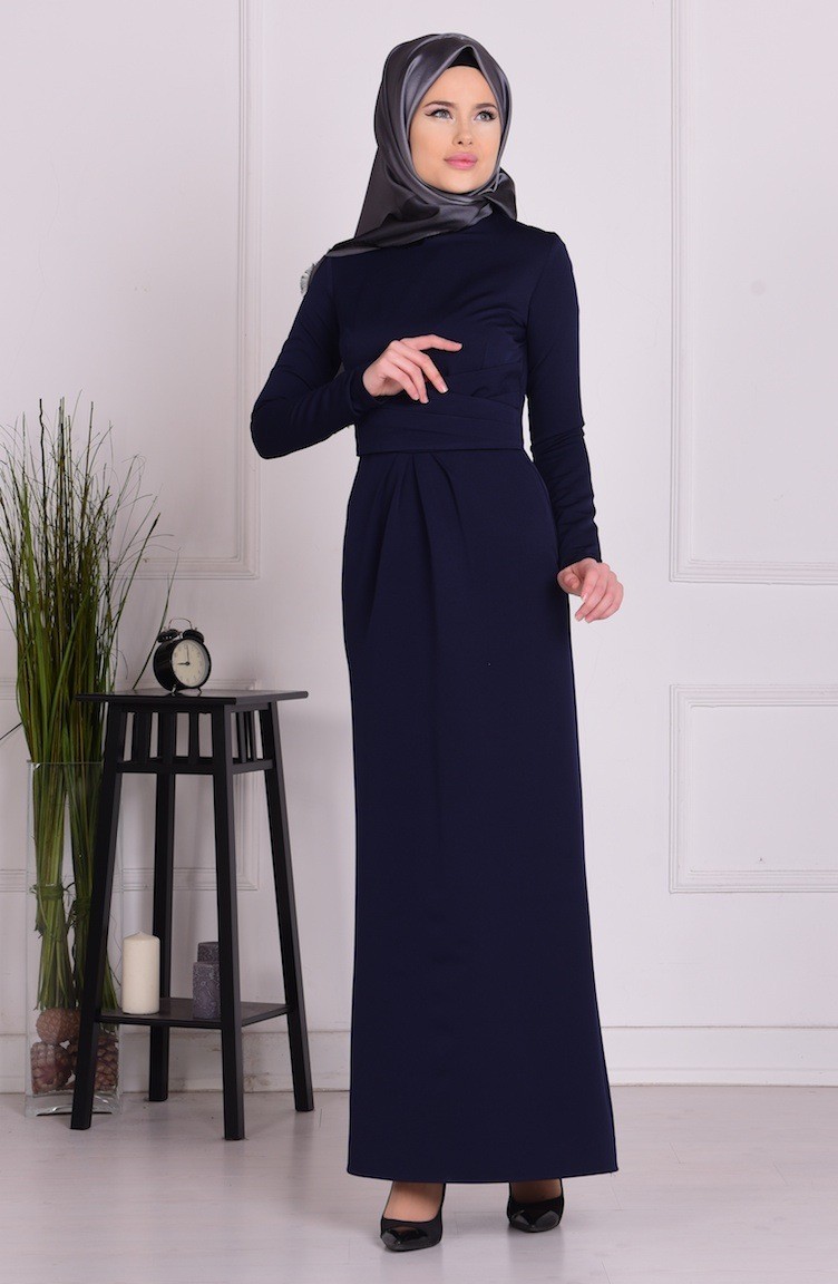 Navy Blue Hijab Dress 7048-03 | Sefamerve