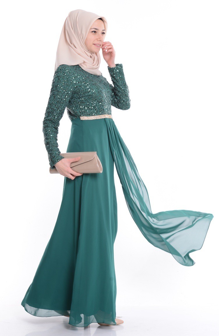 فستان الحفلات للمحجبات باللون الأخضر 2799-01 | Sefamerve