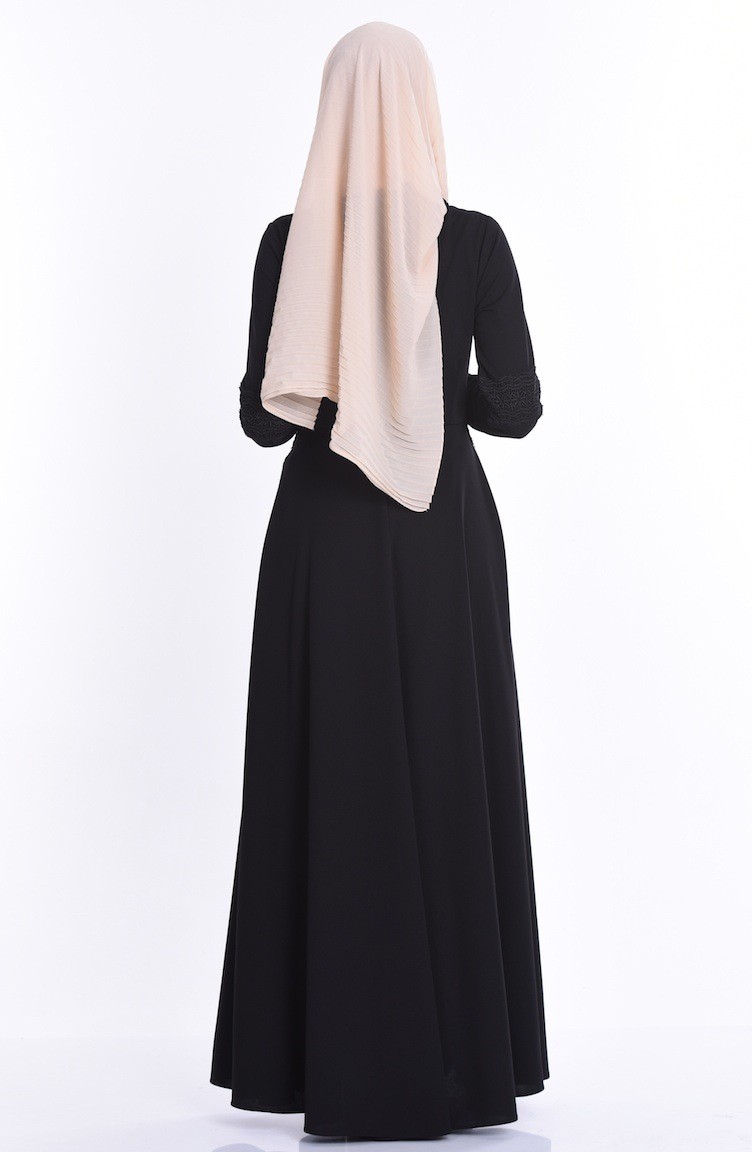 Kırlangıç Yaka Dantel Detaylı Elbise 4092-04 Siyah | Sefamerve