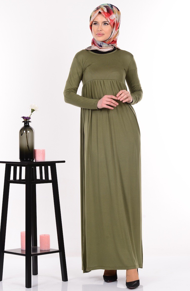 Light Khaki Green Hijab Dress 0729B-09 | Sefamerve