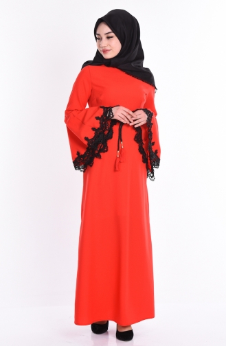 Kemerli Dantelli Elbise 1205-04 Kırmızı