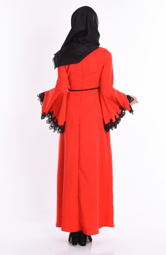 Kemerli Dantelli Elbise 1205-04 Kırmızı