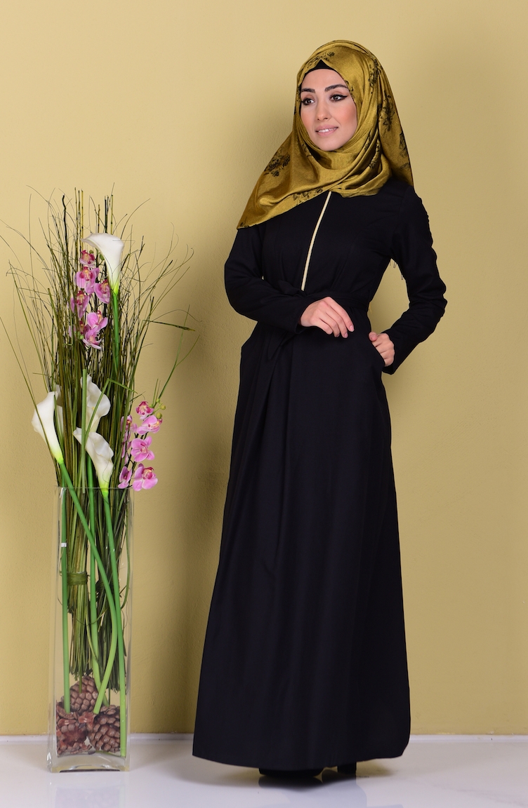 Fermuarlı Cepli Elbise 2253-10 Siyah | Sefamerve