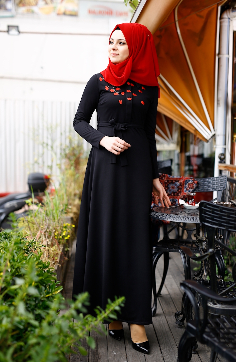 Sefamerve Çiçekli Elbise 2066-01 Siyah | Sefamerve