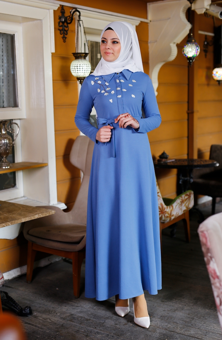 Sefamerve Çiçekli Elbise 2066-04 Mavi | Sefamerve