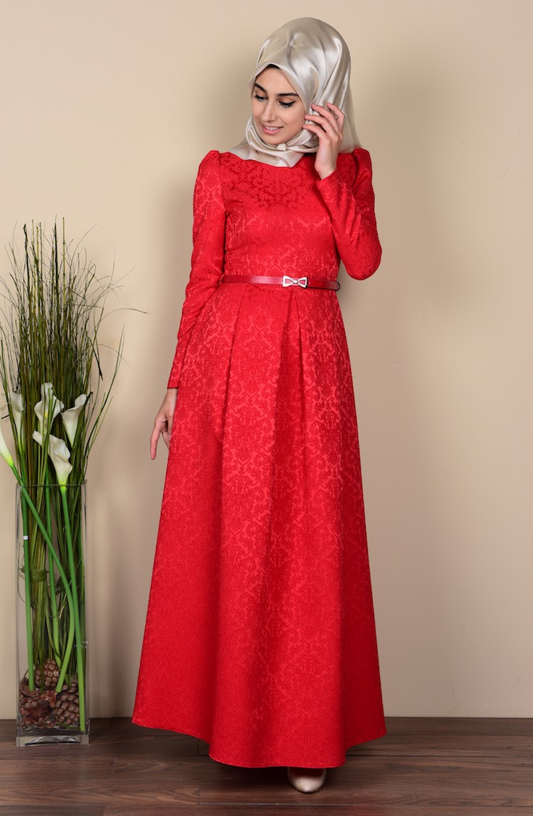 Jakarlı Kemerli Elbise 7116-11 Kırmızı | Sefamerve