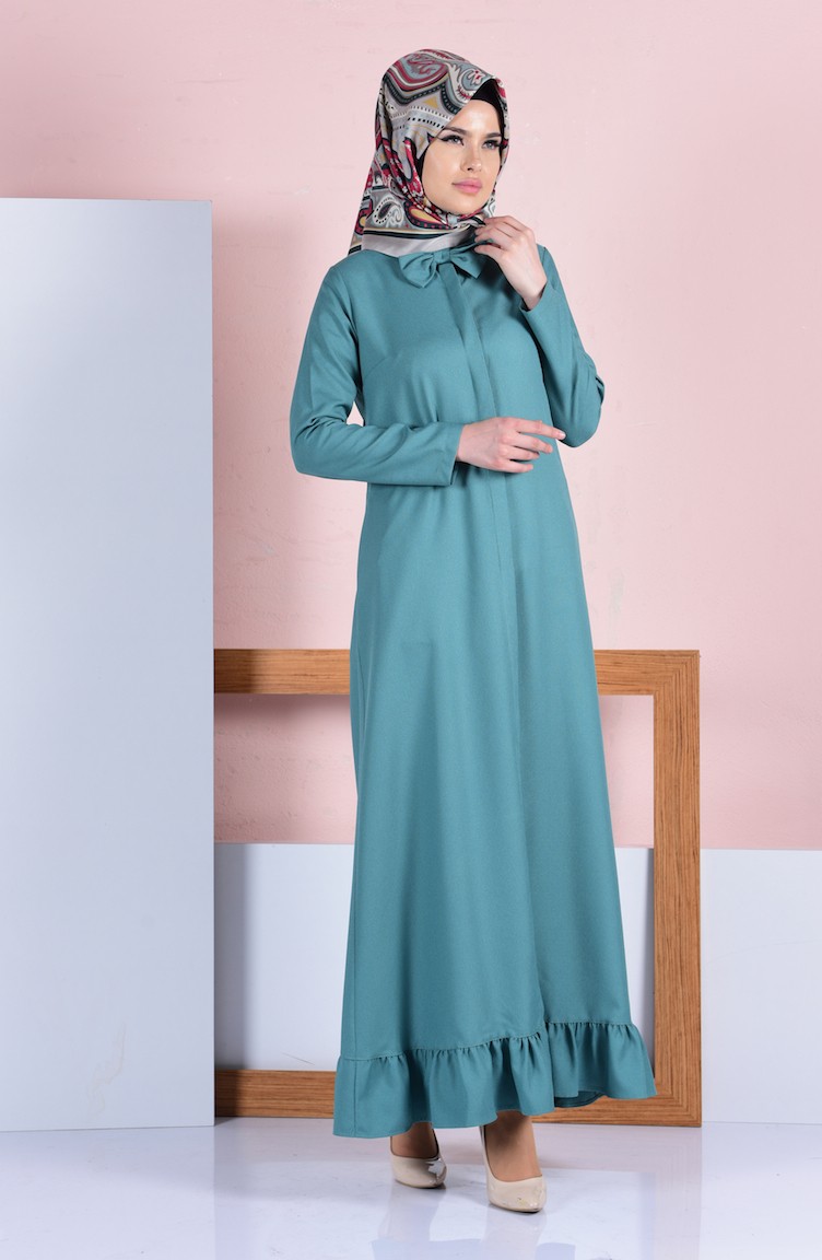 Etek Altı Fırfırlı Elbise 8074-10 Su Yeşili | Sefamerve