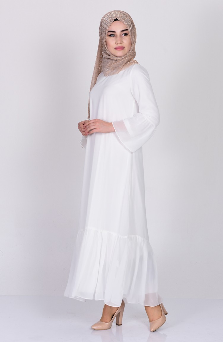 Büzgülü Şifon Elbise 1172-04 Beyaz | Sefamerve