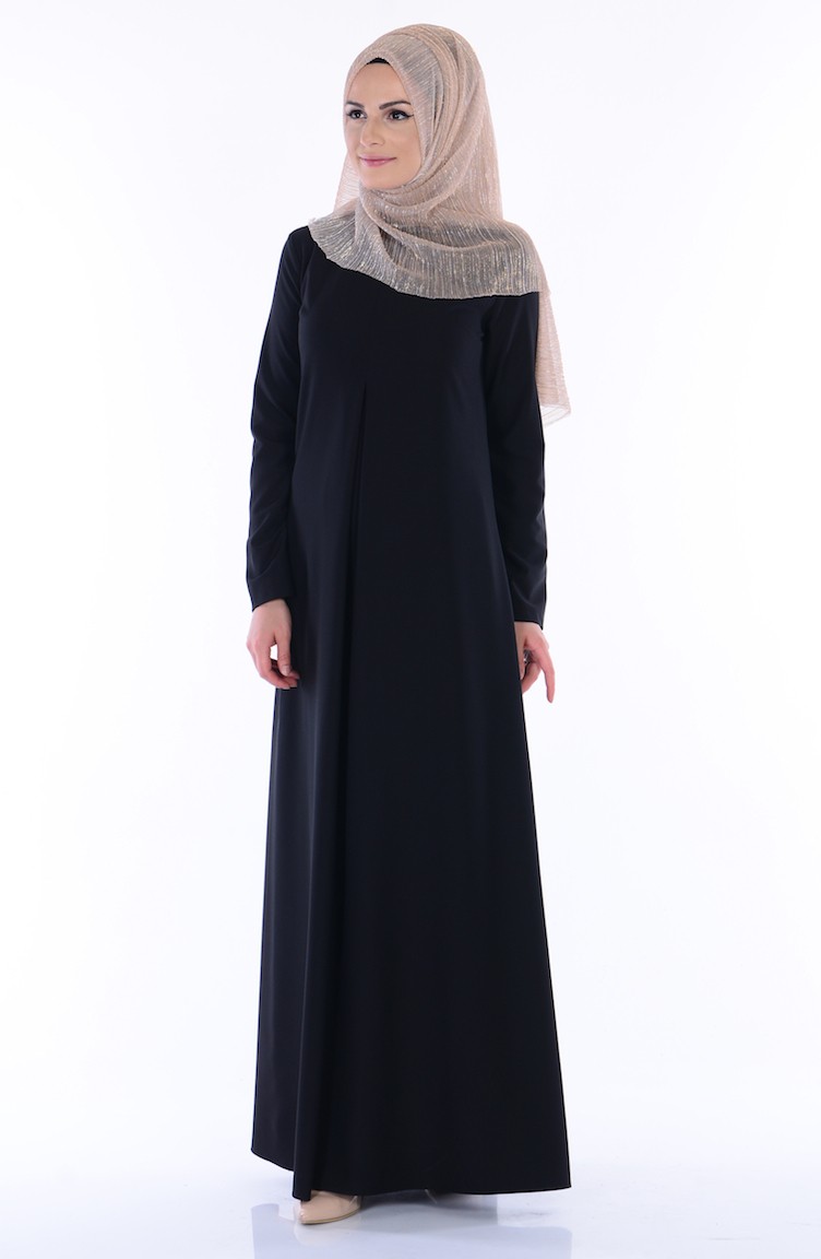 Pileli Krep Elbise 2821-05 Siyah | Sefamerve