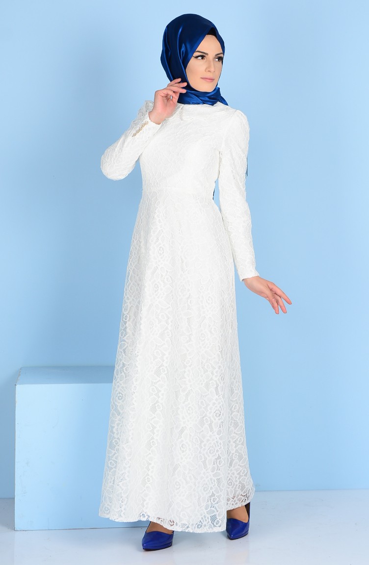 Dantel Kaplamalı Elbise 3117A-01 Beyaz | Sefamerve