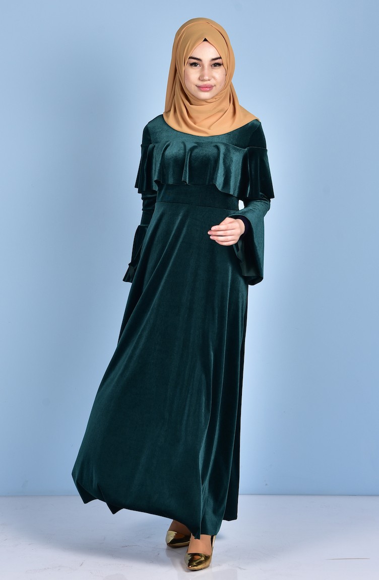 Kadife Elbise 4008-11 Zümrüt Yeşil | Sefamerve