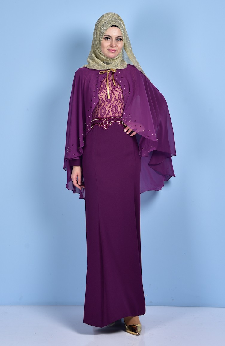 Purple Hijab Evening Dress 7006-01 | Sefamerve