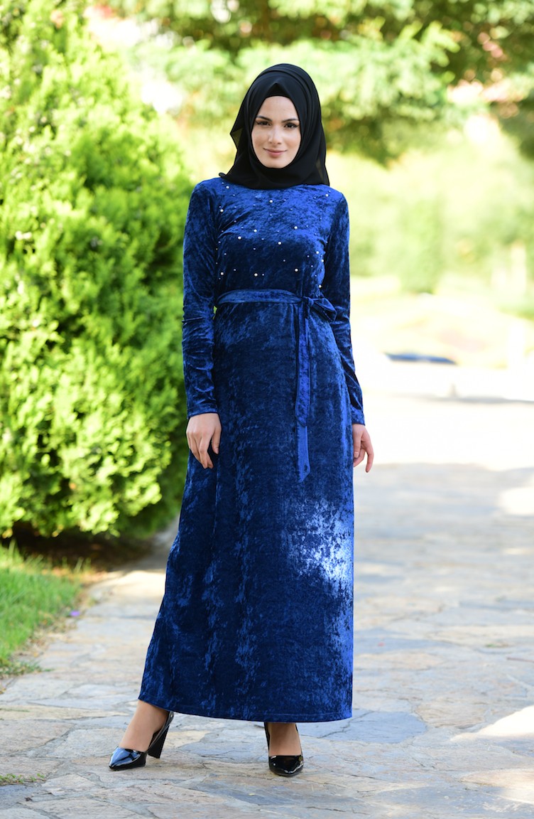 فستان مخمل لون أزرق نيلي 6112-03 | Sefamerve