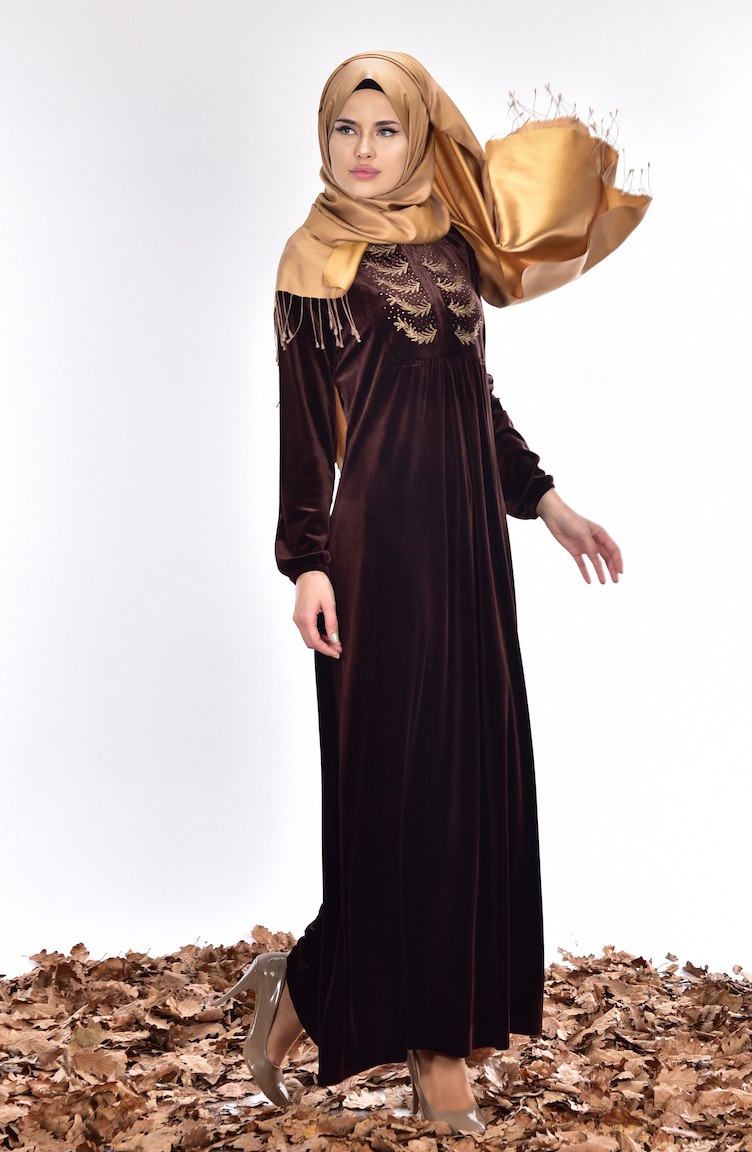 Taş Detaylı Kadife Elbise 1479-03 Kahverengi | Sefamerve