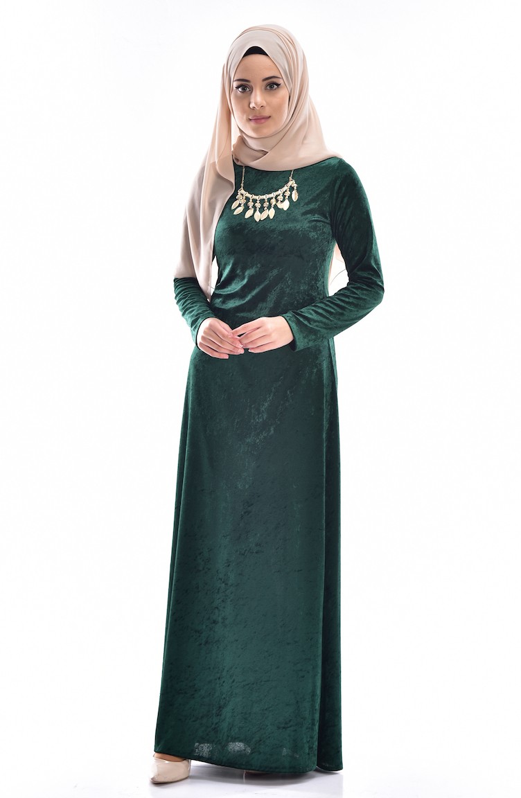 Kadife Elbise 3207-06 Yeşil | Sefamerve