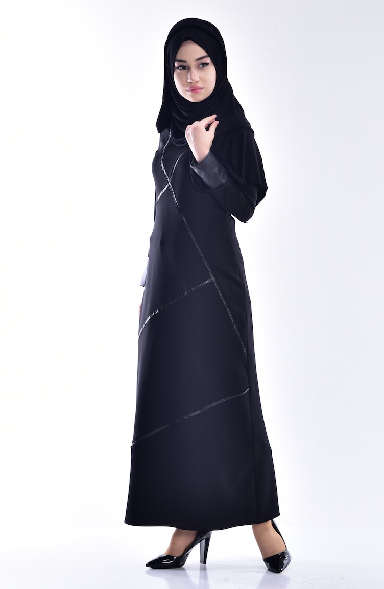 Deri Detaylı Elbise 0107-01 Siyah | Sefamerve