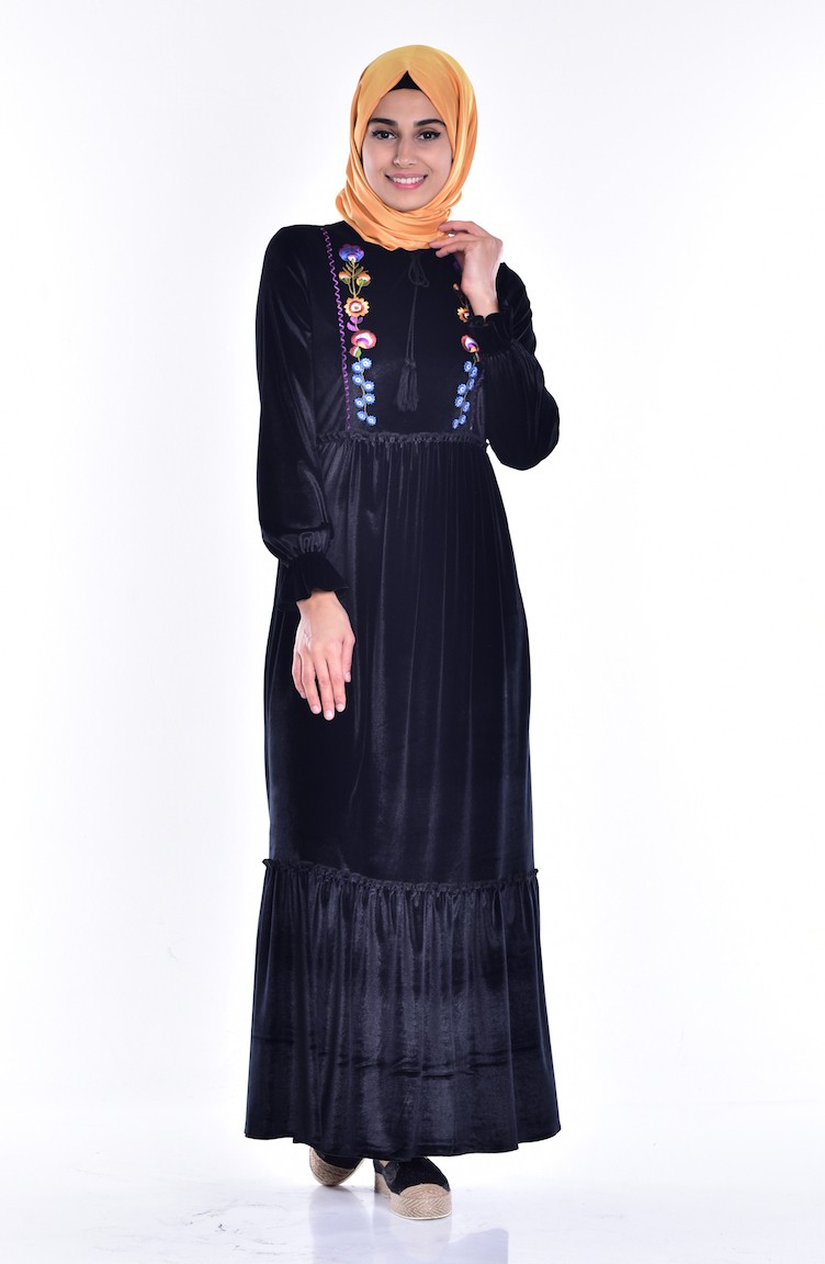 Nakışlı Kadife Elbise 0574-01 Siyah | Sefamerve