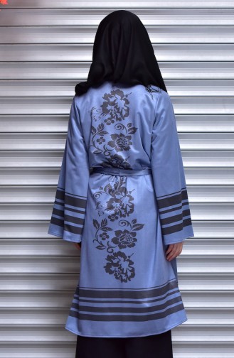 Baskılı Kuşaklı Kimono 0052-04 İndigo