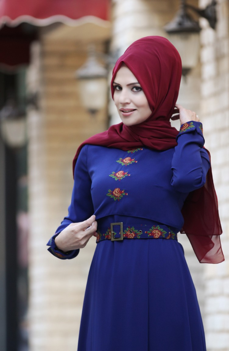 Merve Arslan Kanaviçe İşlemeli Elbise 0008-03 Saks | Sefamerve