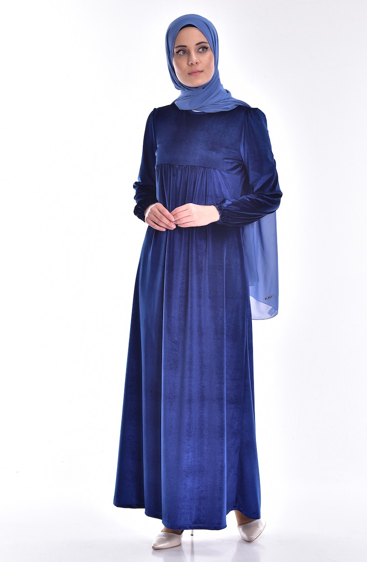 Velvet Pleated Dress 4158-01 Navy Blue 4158-01 | Sefamerve