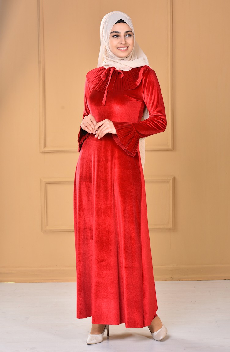 Kolu Piliseli Kadife Elbise 60666-01 Kırmızı | Sefamerve