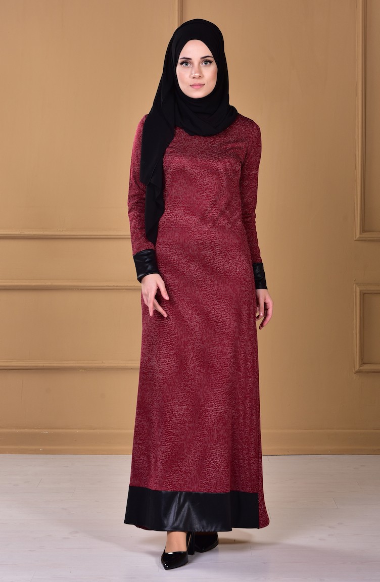 Deri Detaylı Elbise 2124-02 Kırmızı | Sefamerve