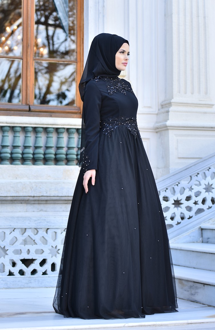 Dantelli Pullu Abiye Elbise 1001-01 Siyah | Sefamerve