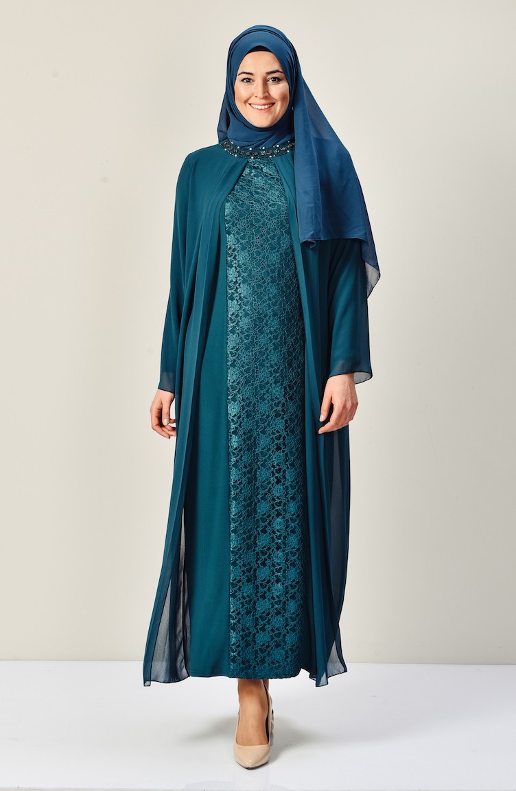 Büyük Beden Dantelli Şifon Elbise 5920-02 Zümrüt Yeşili | Sefamerve