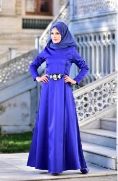 فستان لون أزرق نيلي 7007-03 | Sefamerve