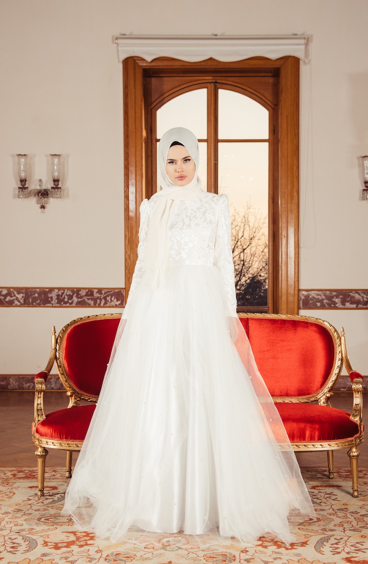 Dantelli Abiye Elbise 0002-01 Beyaz | Sefamerve