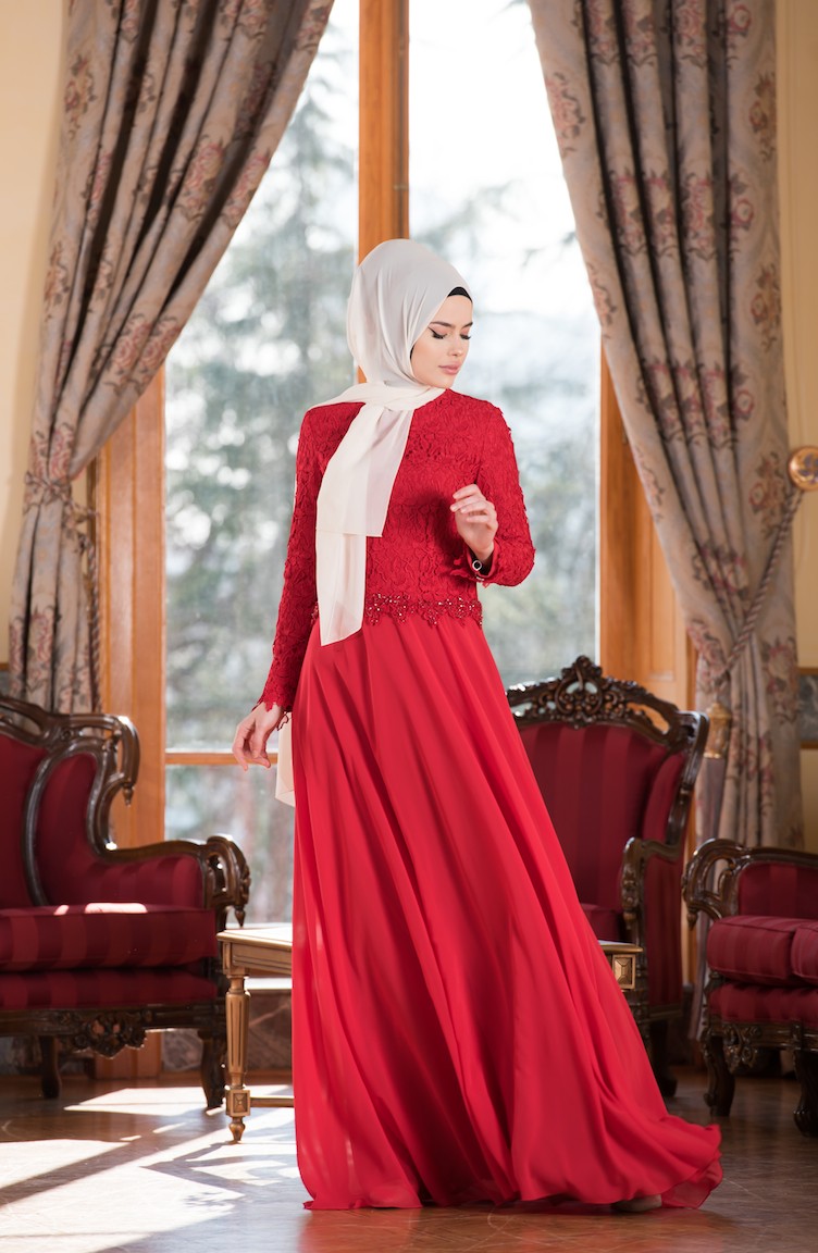 Güpürlü Şifon Abiye Elbise 7810-03 Kırmızı | Sefamerve
