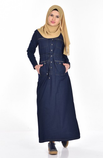 Kapüşonlu Bağcıklı Kot Elbise 9227-02 Lacivert