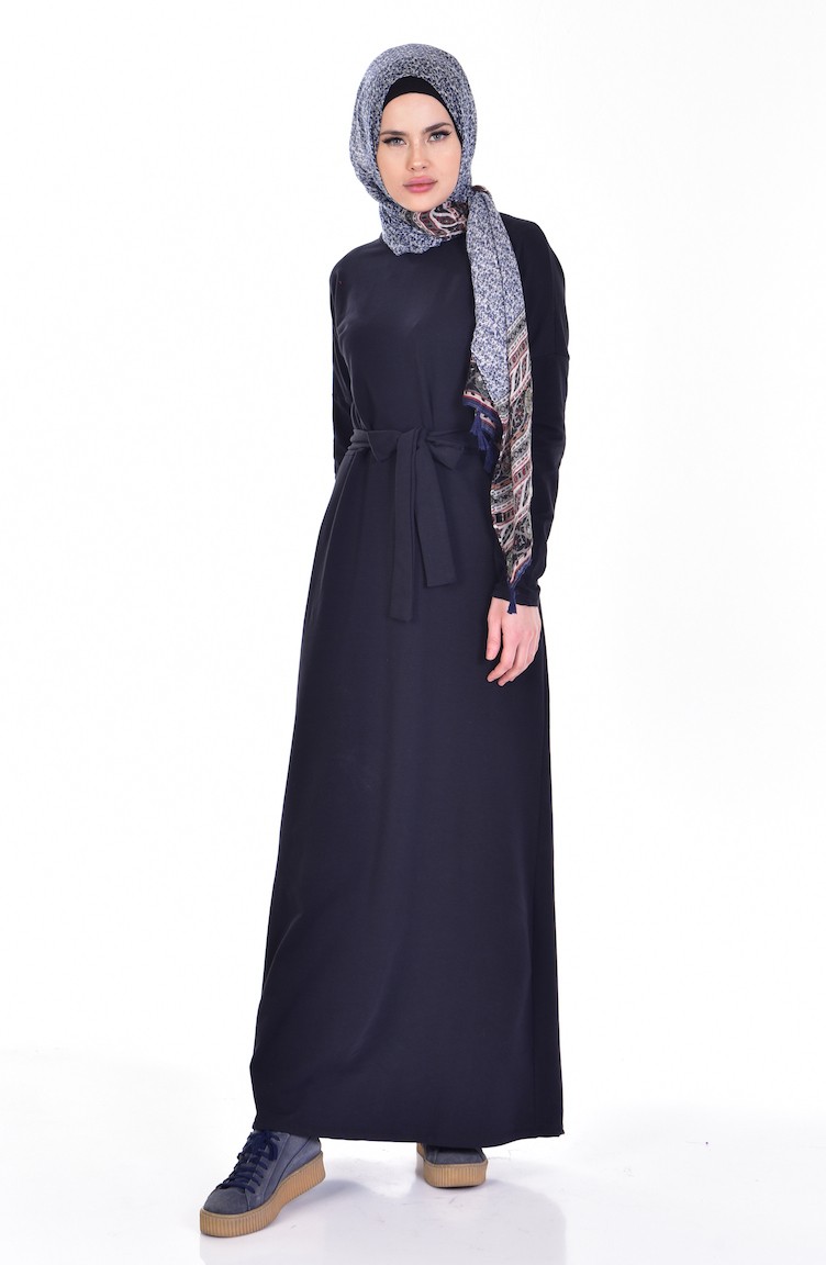 Hijab Kleid mit Gürtel 1003-02 Dunkelblau 1003-02 | Sefamerve