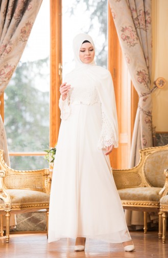 Ecru Hijab Evening Dress 52670-01