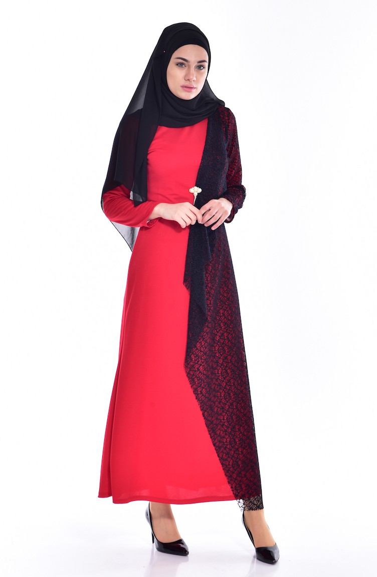 Fileli Elbise 3307-04 Kırmızı | Sefamerve