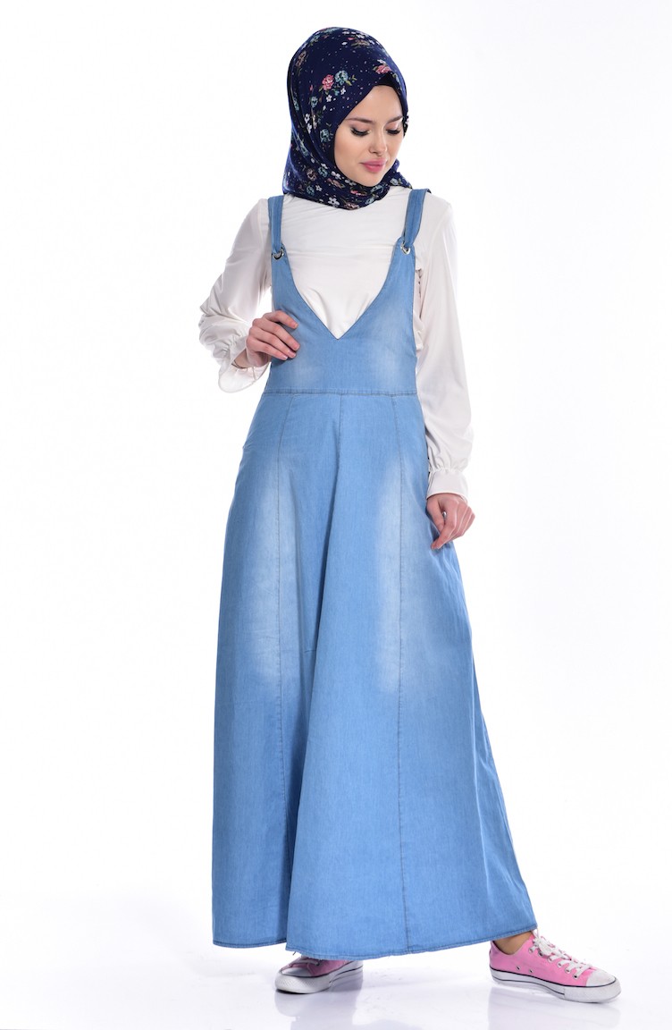 Salopet Kot Elbise 4007-01 Açık Mavi | Sefamerve