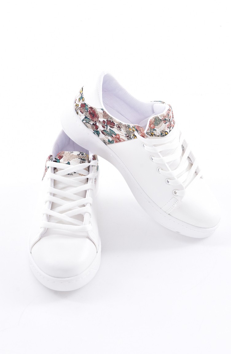 Bayan Çiçekli Ayakkabı 50219-01 Beyaz | Sefamerve