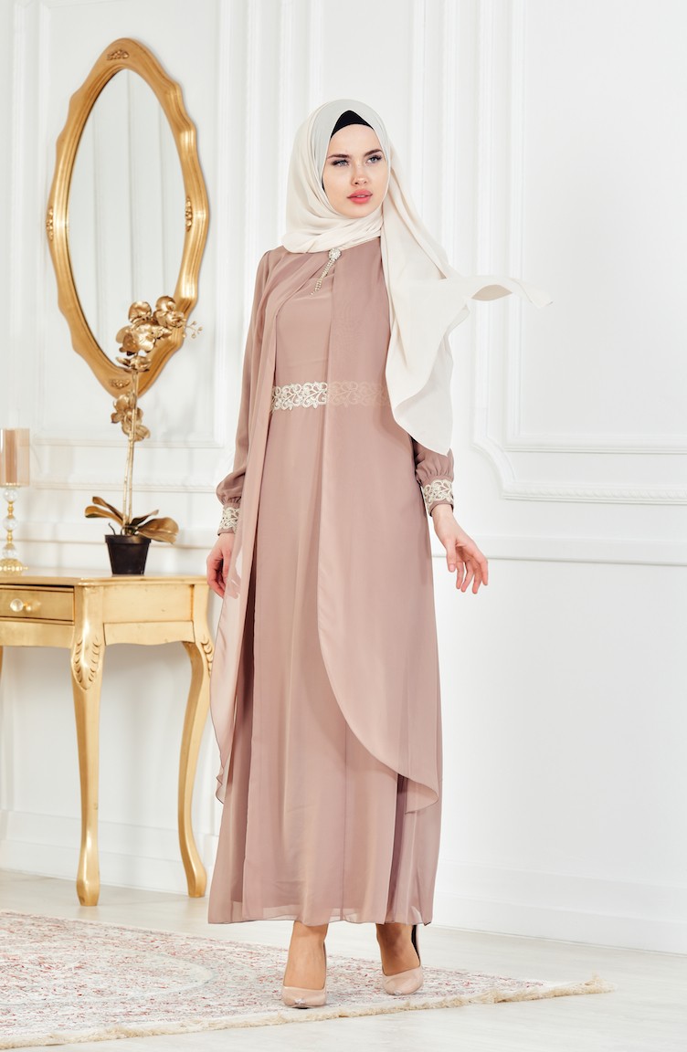 فستان شيفون بتفاصيل الدانتيل لون وردي 52221-10 | Sefamerve