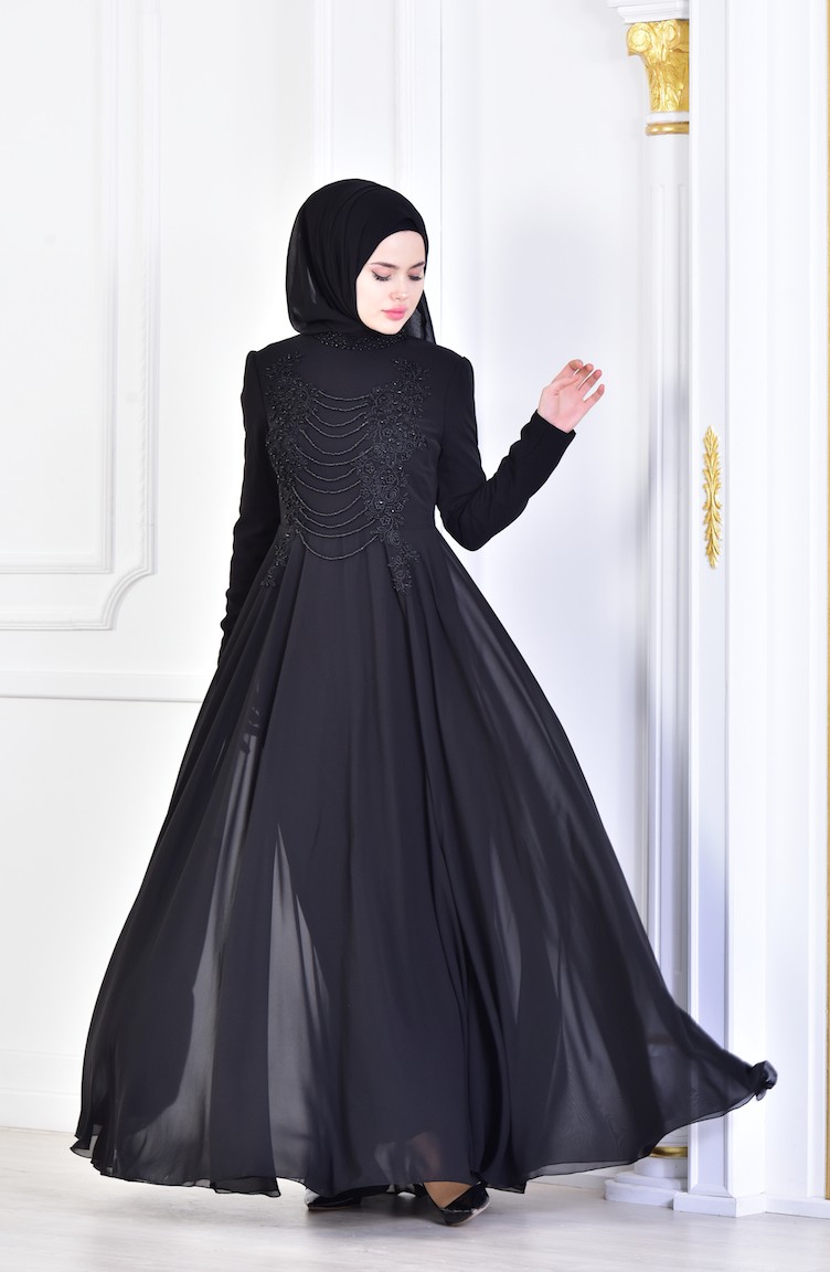 فستان سهرة بتفاصيل مُطرزة بالخرز 8048-03 لون أسود 8048-03 | Sefamerve