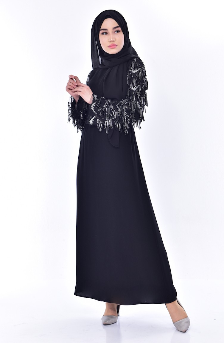 Payet Püsküllü Elbise 60695-01 Siyah | Sefamerve