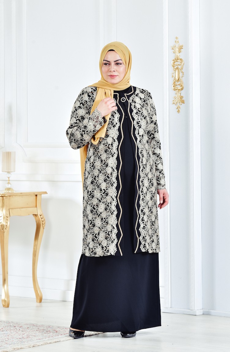 Büyük Beden Ceket Elbise Abiye İkili Takım 6135-04 Siyah Gold | Sefamerve