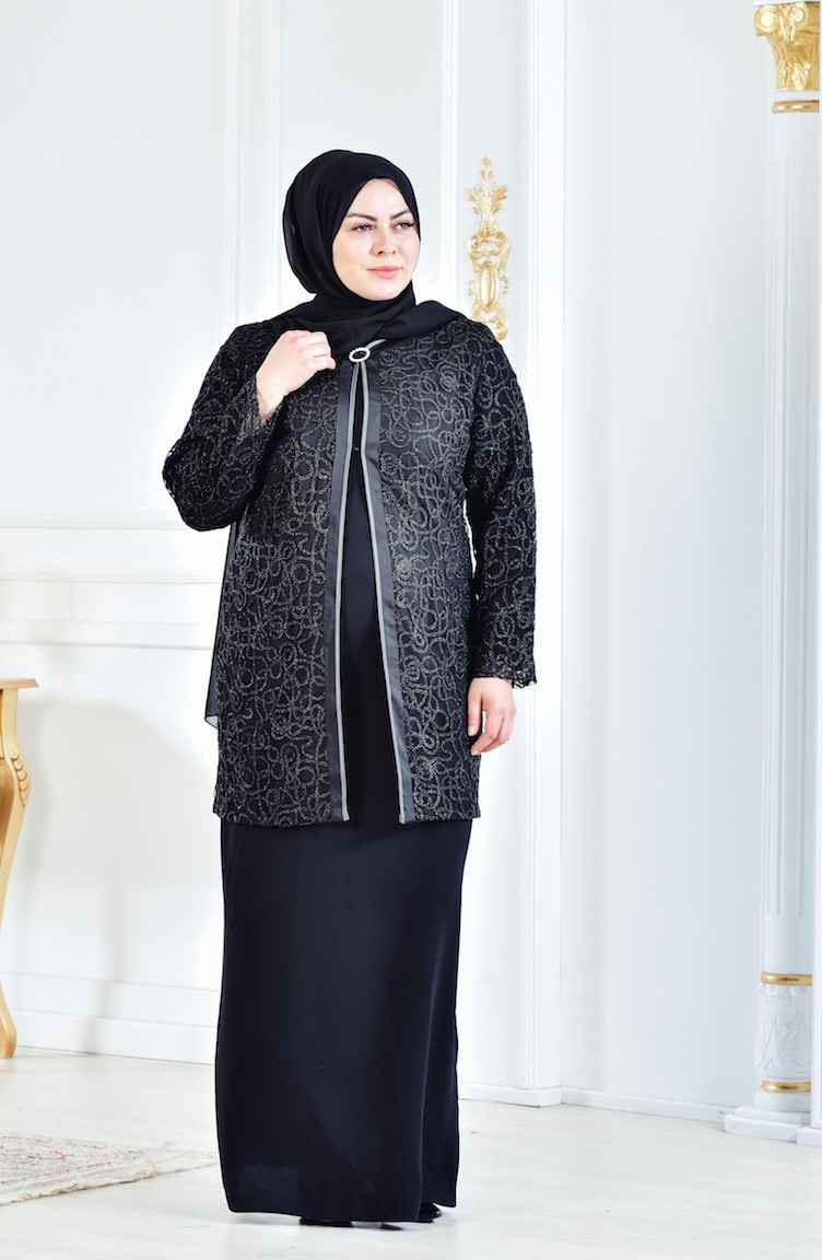 طقم فستان سهرة بتصميم مقاسات كبيرة 6137-04 لون أسود 6137-04 | Sefamerve
