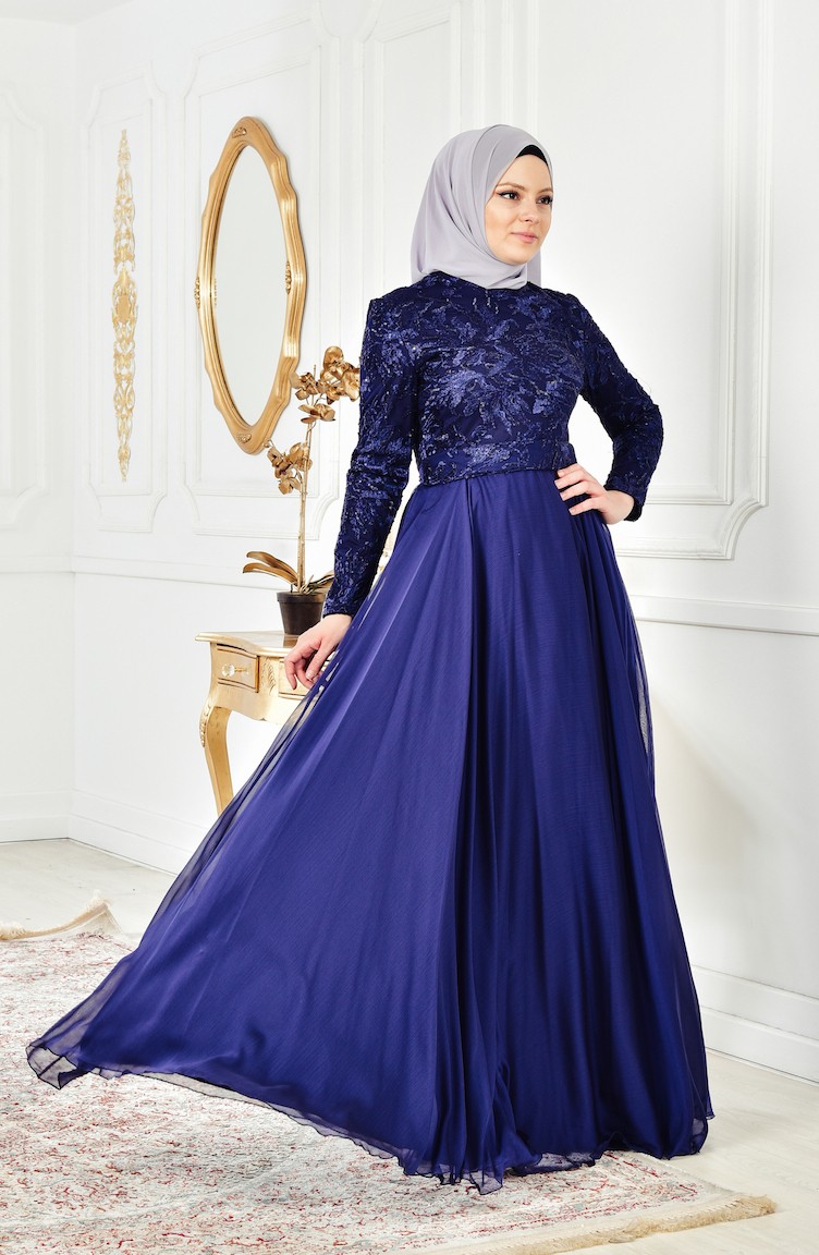 Navy Blue Hijab Evening Dress 0395-02 | Sefamerve