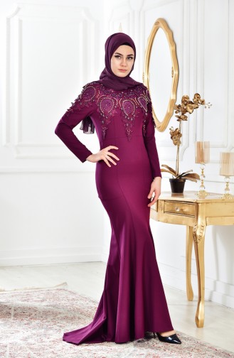 Plum Hijab Evening Dress 4007-01